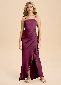 Azazie Buzzy Junior Mulberry Sheath Pleated Stretch Satin Dress image3