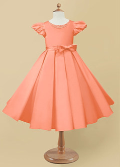 Azazie Jewel Flower Girl Dresses Sunset Ball-Gown Pleated Matte Satin Dress image4