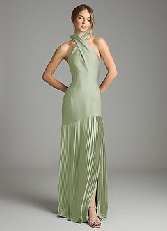 Azazie Nayeli Jurken voor bruidsmeisjes Jurk van Stretch Satijn met A-Lijn Geplooid Stoffige Salie image3