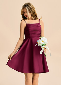 Azazie Miko Junior A-Linie Plissee Stretch-Satin Kleid Burgunderrot image4