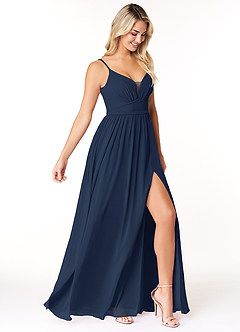 Azazie Rayna Brautjungfernkleider A-Linie V-Hals Gefaltet Chiffon Kleid Dunkelmarine image4