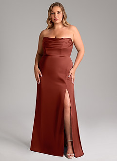 Azazie Saige Bridesmaid Dresses Terracotta Sheath Off the Shoulder Stretch Satin Dress image16