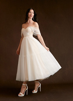 Azazie Vienna Wedding Dresses A-Line Off-The-Shouler Tulle Tea-Length Dress image3