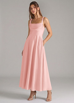 Azazie Shaude Bridesmaid Dresses Powder Pink A-Line Pleated Stretch Satin Dress image5