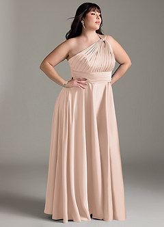 Azazie Charlize Bridesmaid Dresses Blushing Pink A-Line One Shoulder Stretch Satin Dress image12