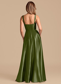 Azazie Shaude Bridesmaid Dresses Olive A-Line Pleated Metallic Satin Dress image6