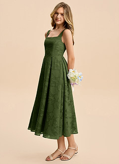 Azazie Amalie Junior Olive A-Line Ruched Floral Burnout Dress image5