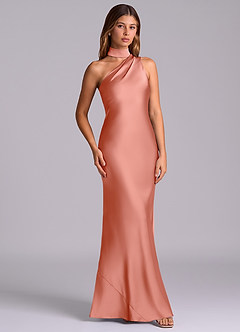 Azazie Seona Robes de demoiselle d'honneur Robe Sirène en Satin extensible Une épaule Corail image3
