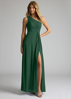 Azazie Brooke Bridesmaid Dresses Dark Green A-Line One Shoulder Mesh Dress image3