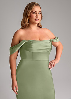 Azazie Saige Bridesmaid Dresses Pistachio Sheath Off the Shoulder Stretch Satin Dress image14