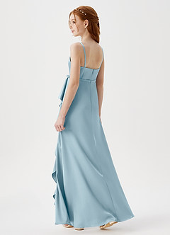 Azazie Kaylee Junior Robe Trapèze en Satin extensible avec ceinture Bleu Maussade image5