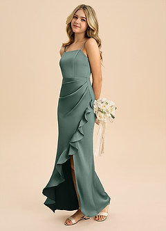 Azazie Buzzy Junior Sea Moss Sheath Pleated Stretch Satin Dress image6
