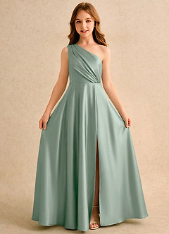 Azazie Puddles Girls Formal Jurken voor bloemenmeisjes A-lijn Jurk van Stretch Satijn One-shoulder Agave image5