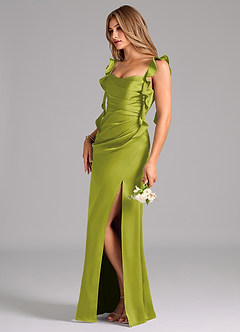 Azazie Jessamine Bridesmaid Dresses Lemongrass Sheath Corset Stretch Satin Dress image5