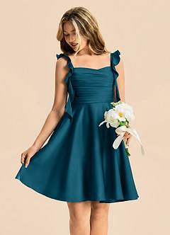 Azazie Kira Junior Ink Blue A-Line Ruched Stretch Satin Dress image4