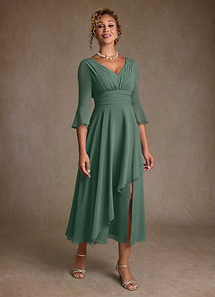 Azazie Aerynne 신부의 어머니 드레스 A라인 주름진 쉬폰 티 길이 드레스 image1