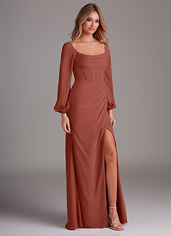 Azazie Charissa Robes de demoiselle d'honneur Robe Fourreau en Mousseline de soie Manches longues Auburn image5