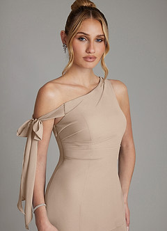 Azazie Aylin Bridesmaid Dresses Taupe Sheath Off the Shoulder Chiffon Dress image4
