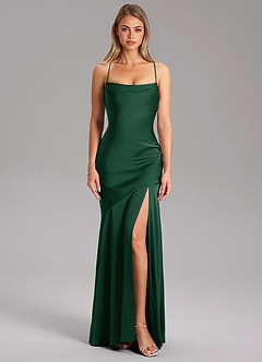 Azazie Grata Bridesmaid Dresses Dark Green Sheath Side Slit Stretch Satin Dress image3