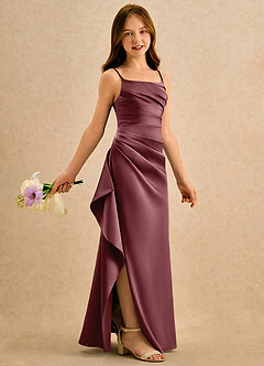 Azazie Cannoli Girls Formal Robe Demoiselle D'honneur Fillette Robe Trapèze en Mat Satiné Plissée Rose Du Désert image1