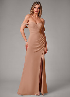 Azazie Haisley Bridesmaid Dresses Champagne Rose Sheath Off the Shoulder Chiffon Convertible Dress image3