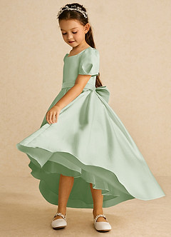 Azazie Zippy Flower Girl Dresses Dusty Sage A-Line with Sleeves Matte Satin Dress image4