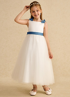 Azazie Lilli Flower Girl Dresses Ivory Steel Blue A-Line Bow Tulle Dress image5