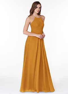 Azazie Ginger Bridesmaid Dresses Butterscotch A-Line Halter Pleated Chiffon Dress image1