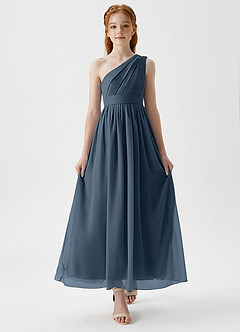 Azazie Anissa Junior Abito A-Line in Chiffon Plissettato Blu Nettuno image5