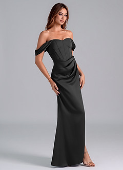 Azazie Asha Vestidos de damas de honor Vestido de Negro de Satén Elástico de Corte Recto Convertible con Vestidos sin tirantes image3