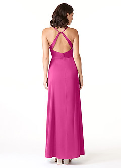 Azazie Geanna Vestidos de damas de honor Vestido de Fucsia de Satén Elástico de Corte Recto con Cuello en V Plisado image2