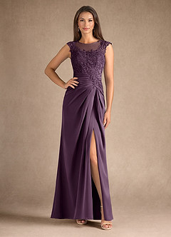 Azazie Santa Barbara Mother of the Bride Dresses Plum Sheath Pleated Stretch Satin Dress image1