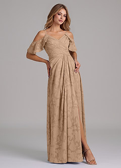 Azazie Dakota Bridesmaid Dresses Champagne A-Line Off the Shoulder Floral Burnout Dress image5
