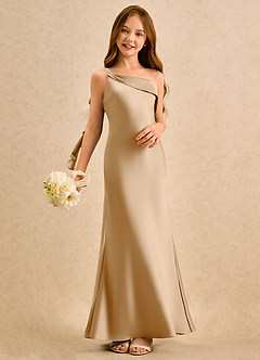 Azazie Almond Girls Formal Flower Girl Dresses Gold Sheath One Shoulder Stretch Satin Dress image2