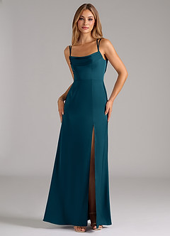 Azazie Callan Bridesmaid Dresses Ink Blue A-Line Pleated Stretch Satin Convertible Dress image5
