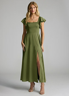 Azazie Bondi 신부 들러리 드레스 A라인 셔링 스트레치 새틴 발목 길이 드레스 image4