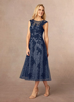 Azazie Flynn Kleider für die Brautmutter A-Linie Bootshals Spitze Tüll Kleid Dunkelmarine image2