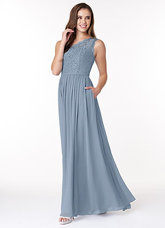 Azazie Demi Vestidos de damas de honor Vestido de Azul Polvoriento de Gasa de Corte en A con Hombro unilateral image3