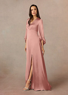 Azazie Luna Mother of the Bride Dresses Rosette A-Line Pleated Stretch Satin Dress image2