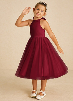 Azazie Dora Flower Girl Dresses Burgundy A-Line Bow Tulle Dress image2