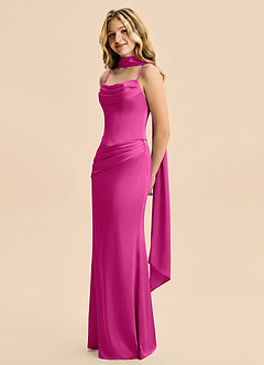Azazie Sorrel Junior Vestido Fucsia de Satén Elástico de Corte Sirena con Drapeado image4
