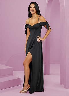 Barbie ♥ Azazie Vestidos de damas de honor Vestido de Negro de Satén Elástico de Corte en A con Vestidos sin tirantes image3