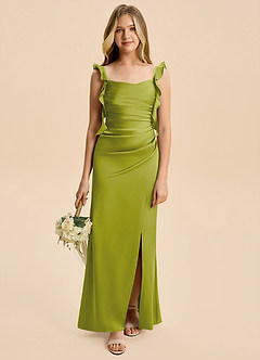 Azazie Jessamine Junior Lemongrass Sheath Ruched Stretch Satin Dress image1