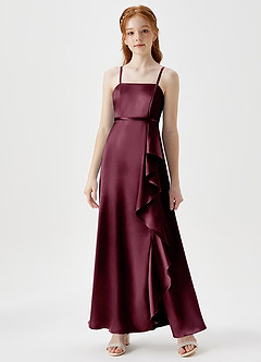 Azazie Kaylee Junior Robe Trapèze en Satiné métallisé avec ceinture Cabernet image1
