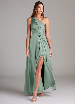 Azazie Brooke Bridesmaid Dresses Agave A-Line One Shoulder Stretch Satin Dress image4