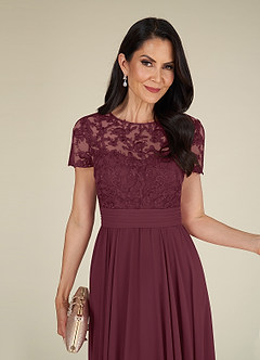 Azazie Annette At-home Try On Dresses Cabernet A-Line Lace Chiffon Dress image5