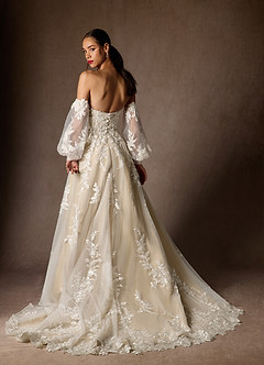 Azazie Madeleine Wedding Dresses Diamond White Champagne Ball-Gown Strapless Lace Dress image2