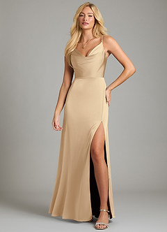 Azazie Sarella Vestidos de damas de honor Vestido de Champán de Satén Elástico de Corte en A con Plisado image4