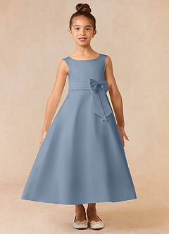 Azazie Lindy Flower Girl Dresses Dusty Blue A-Line Pleated Matte Satin Dress image2