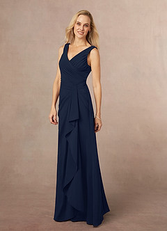 Azazie Evy Mother of the Bride Dresses Dark Navy A-Line Pleated Stretch Chiffon Dress image2